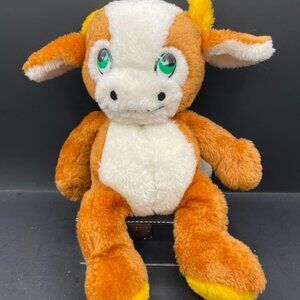 Vintage Brown Cow Plush Green Eyes Preloved Sitting Cow Stuffed Animal